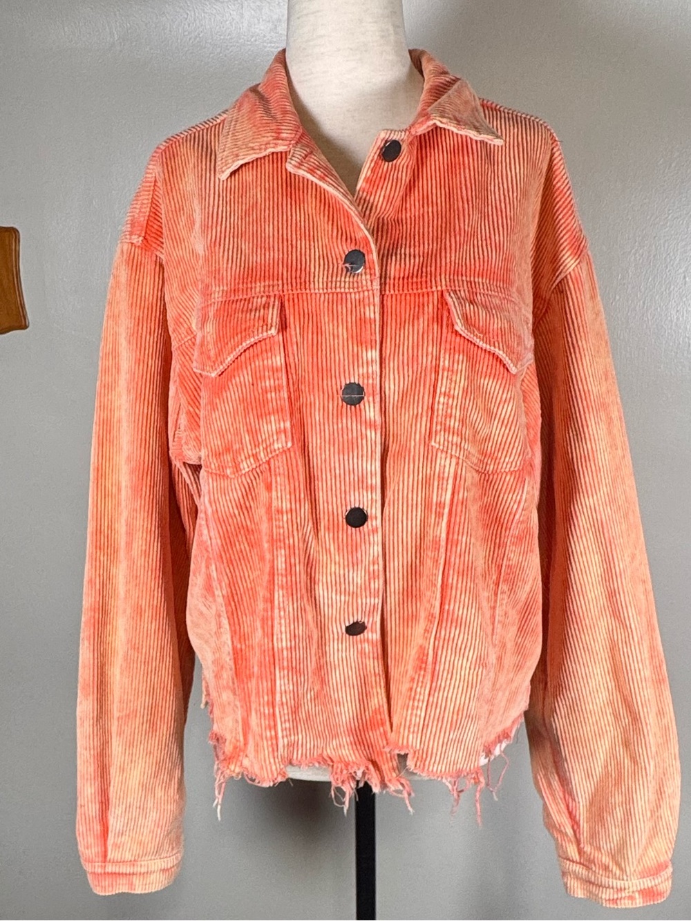 POL Boutique Sz L Orange Corduroy Distressed Button Front Light Trucker Jacket